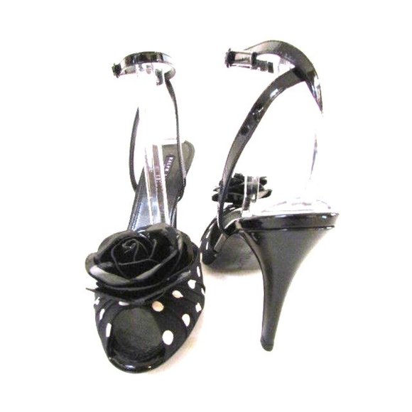 Designer Ralph Lauren Black White Polka Dot Flower Detail Ankle Strap Sandals - Picture 3 of 8